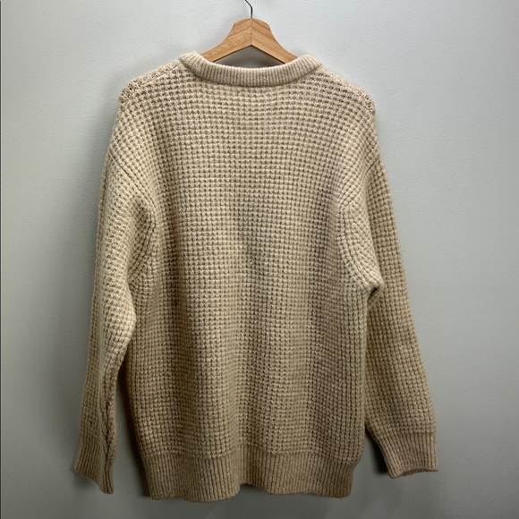 Zara Chunky Waffle Knit Crew Neck Sweater Cream Oatmeal Womens Large Fisherman - Picture 6 of 8